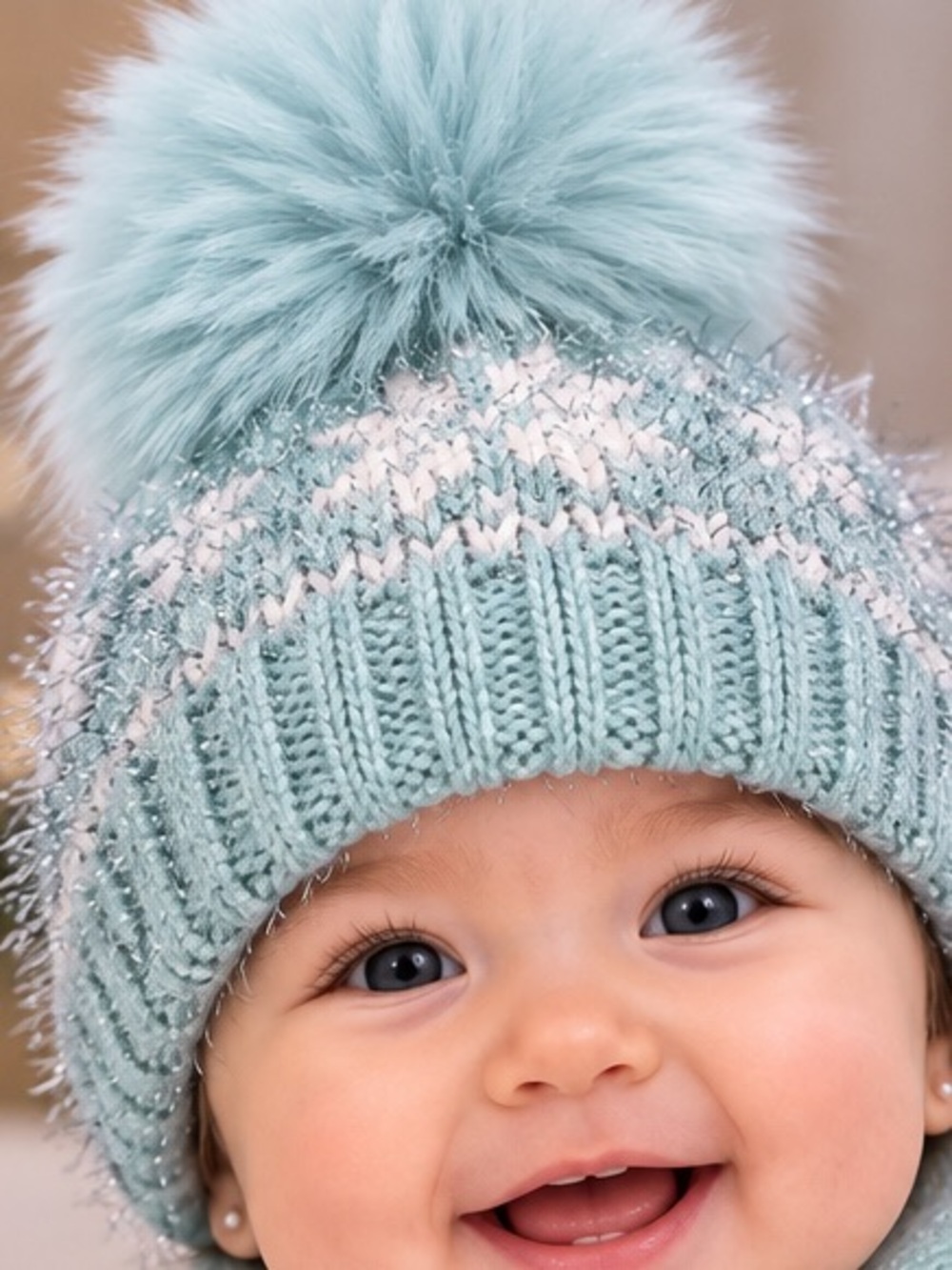 2pcs Holiday Time Mint Knit Pom Beanie and Matching Gloves Set